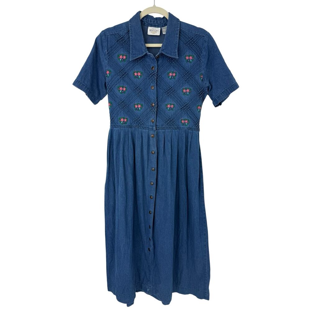 Vintage Bentley Denim Midi Dress Floral Embroidered Prairie Cottagecore Size 8